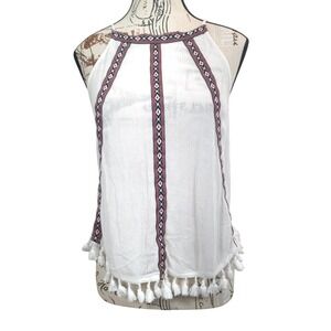 Boho Halter Tank Top White Tassel Fringe Festival‎ Summer Viscose Medium H&M